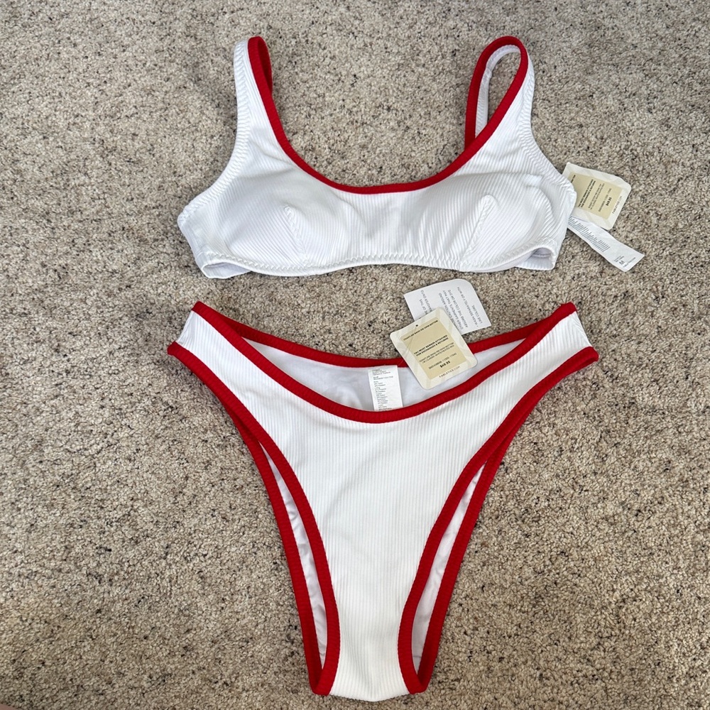 Fabletics White Ribbed Bikini with Red Trim Accents